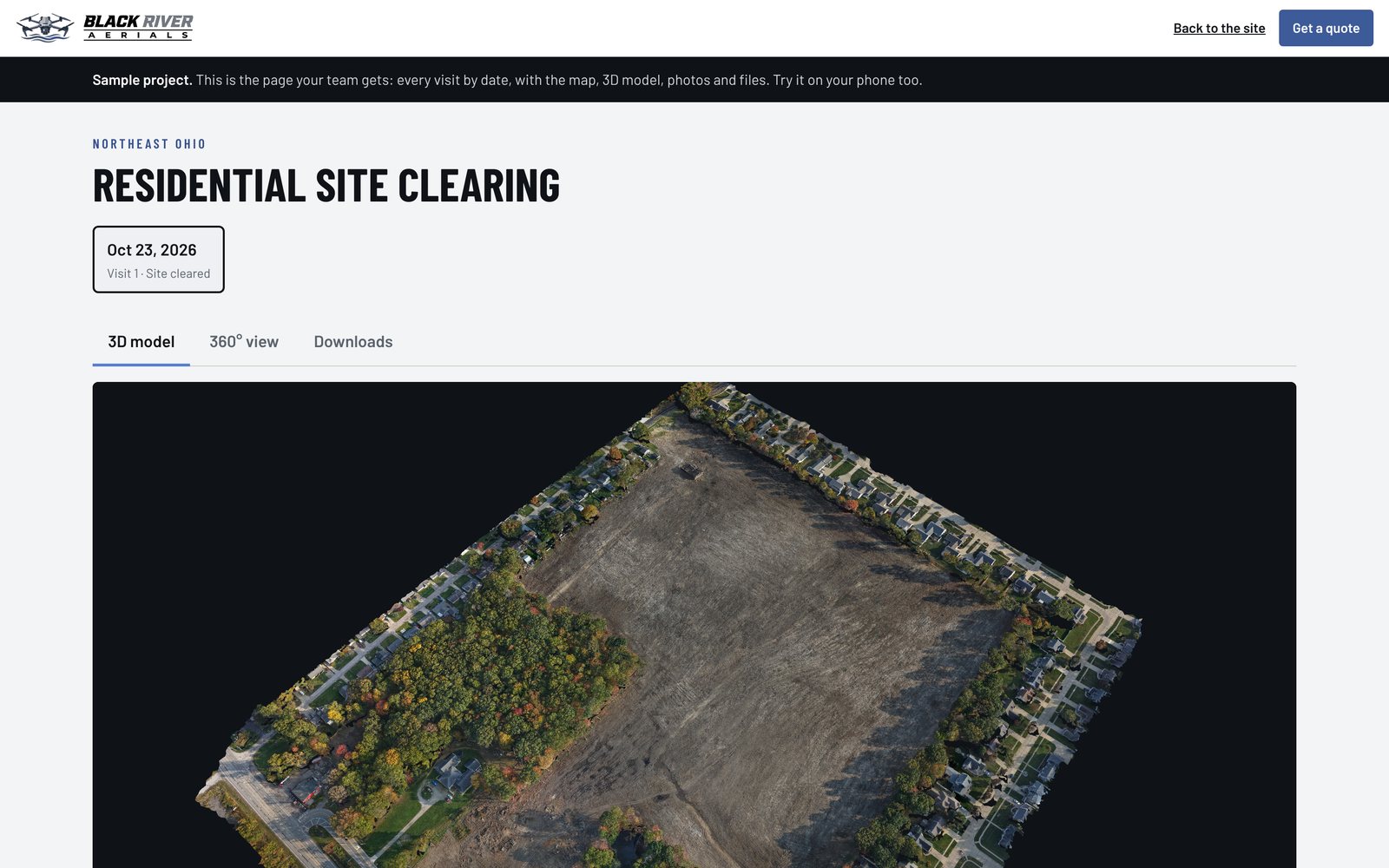 Project page on a computer showing the 3D model of a site